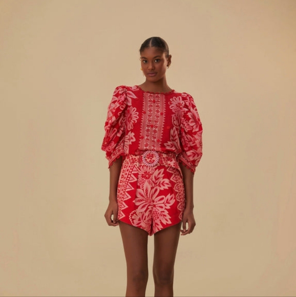 Farm Rio Red Belted Shorts 33 - Picture 2 of 12